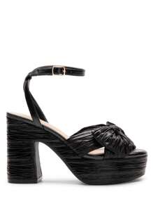 Women Chunky Platform Heeled Sandals, Pleated Bow Knot Ankle Buckle Strap Spring Summer Heeled Sandals, Open Toe Comfortable Y2K Dress Shoes For Prom, Wedding, Party - 黑色 - 查看 8
