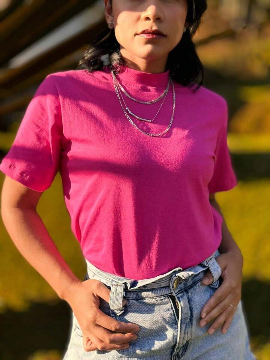 BASIC HIGH NECK KNIT T-SHIRT 100% COTTON PINK - 粉色 - 查看 1