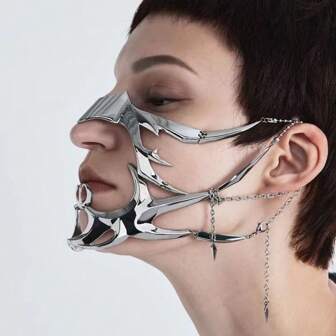 1pc Fashionable European Cyber Punk Metal Face Mask, Unique Design Asymmetric Fluid Mechanical Style Nose Hoop Lip Rings, Adjustable Facial Decor