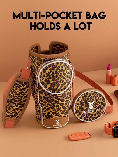 1pc Neoprene Insulated Water Bottle Sleeve, With Shoulder Strap, Portable Drink Holder, Fashion Accessory, Pink Pattern Design, Water Bottle Protective Cover