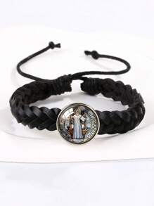 1pc Saint Benedict Medal Leather Bracelet, Adjustable Woven Rope Bracelet For Men - Bracelet - View 6