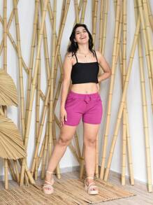 WOMEN'S SUMMER SHORTS, MID-WAIST WITH POCKET IN VISCOLYCRA - Màu đỏ tím - Xem 1