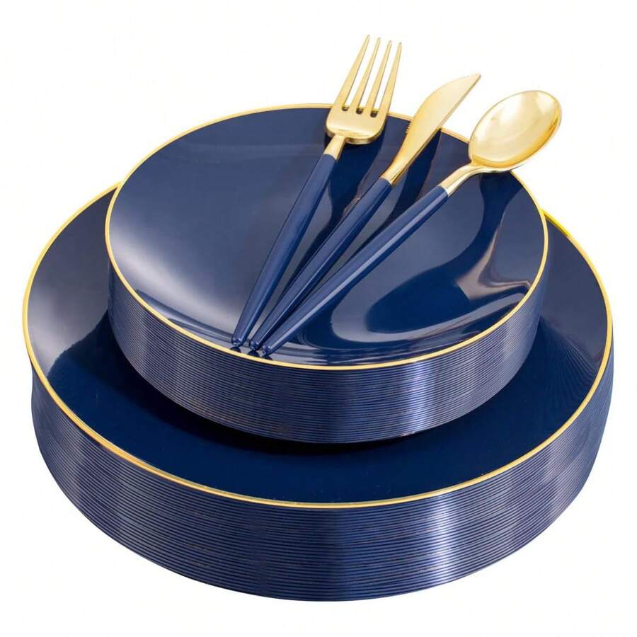 150 件蓝色塑料盘子 - 金色塑料餐具配蓝色手柄 - 海军蓝一次性盘子包括 30 个客人盘子、叉子、勺子、刀子，适用于婚礼和派对、圣诞派对圣诞装饰圣诞装饰品圣诞礼物和装饰装饰品 S - 藍色 - 查看 1