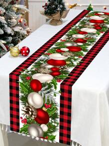 1pc Christmas Decorations Table Runner, Christmas Polyester Tablecloth, Red Checkered Christmas Balls Baubles Floral Vine Design, Table Cover Table Flag Perfect For 2025 Christmas Home Decoration, Happy 2026 New Year Christmas Party Table Decoration Supplies, Christmas Tabletop Decor, Christmas Decor
