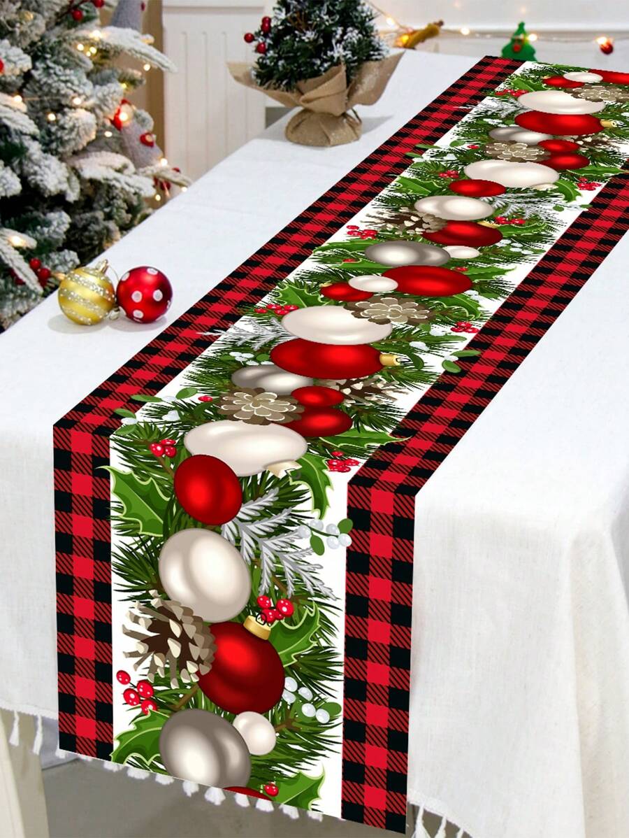 1pc Christmas Decorations Table Runner, Christmas Polyester Tablecloth, Red Checkered Christmas Balls Baubles Floral Vine Design, Table Cover Table Flag Perfect For 2025 Christmas Home Decoration, Happy 2026 New Year Christmas Party Table Decoration Supplies, Christmas Tabletop Decor, Christmas Decor