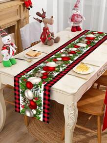 1pc Christmas Decorations Table Runner, Christmas Polyester Tablecloth, Red Checkered Christmas Balls Baubles Floral Vine Design, Table Cover Table Flag Perfect For 2025 Christmas Home Decoration, Happy 2026 New Year Christmas Party Table Decoration Supplies, Christmas Tabletop Decor, Christmas Decor