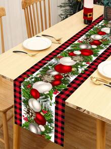 1pc Christmas Decorations Table Runner, Christmas Polyester Tablecloth, Red Checkered Christmas Balls Baubles Floral Vine Design, Table Cover Table Flag Perfect For 2025 Christmas Home Decoration, Happy 2026 New Year Christmas Party Table Decoration Supplies, Christmas Tabletop Decor, Christmas Decor