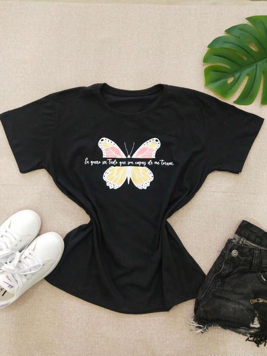 Women's Short Sleeve Cotton Printed T-Shirt - 黑色 - 查看 1