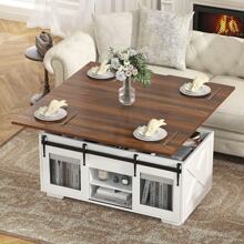 VOWNER Barn Doors Lift Top Coffee Table Convertible To Dining Table, 3 In 1 Multi-Function Coffee Table With Large Storage Space - 棕色 - 查看 1