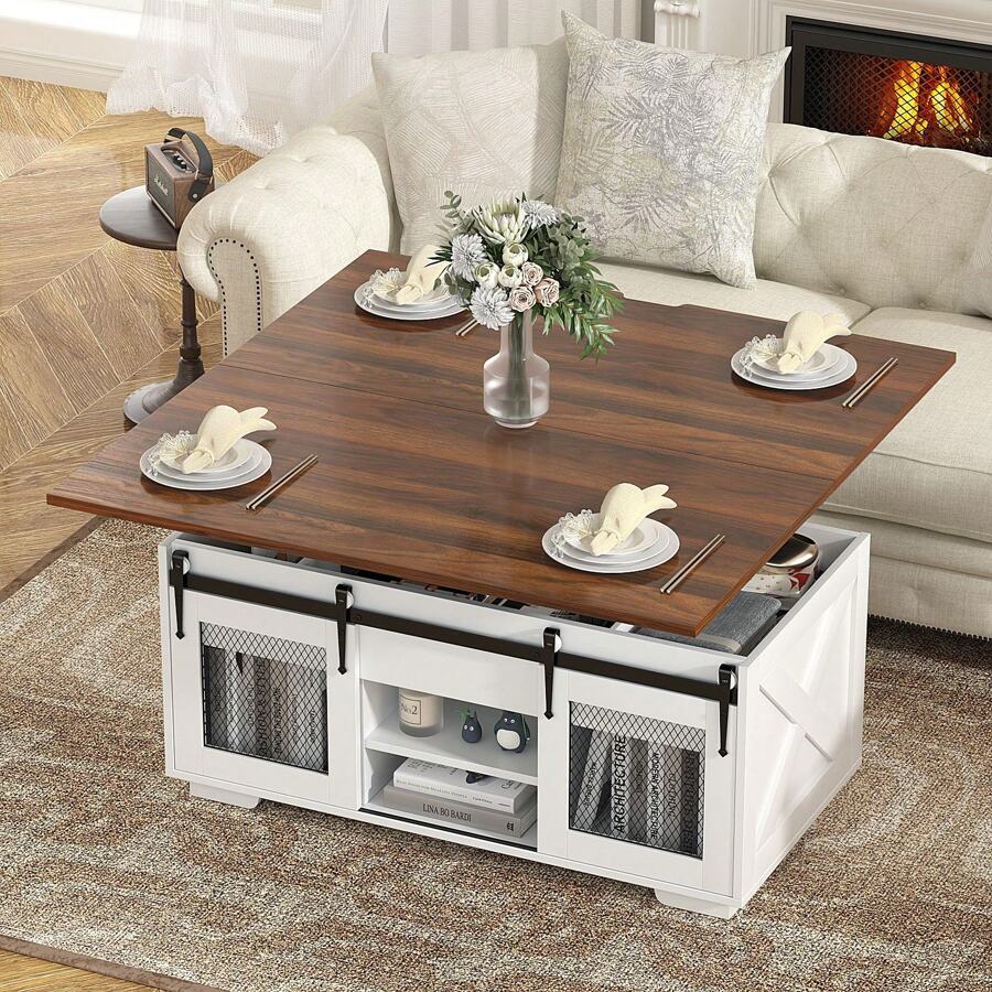 VOWNER Barn Doors Lift Top Coffee Table Convertible To Dining Table, 3 In 1 Multi-Function Coffee Table With Large Storage Space - 棕色 - 查看 1