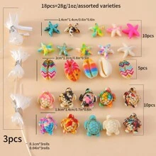 28 pièces Accessoires de création de bijoux DIY, thème océanique tortue colorée, étoile de mer, coquillage, macaron-couleurs avec 3 rouleaux de cordon élastique, tailles aléatoires