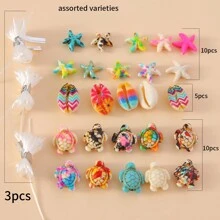 28 pièces Accessoires de création de bijoux DIY, thème océanique tortue colorée, étoile de mer, coquillage, macaron-couleurs avec 3 rouleaux de cordon élastique, tailles aléatoires