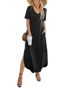 Women's Casual Loose Sundress Short Sleeve V Neck Long Dress Split Maxi Summer Beach Dress With Pockets - màu đen - Xem 1