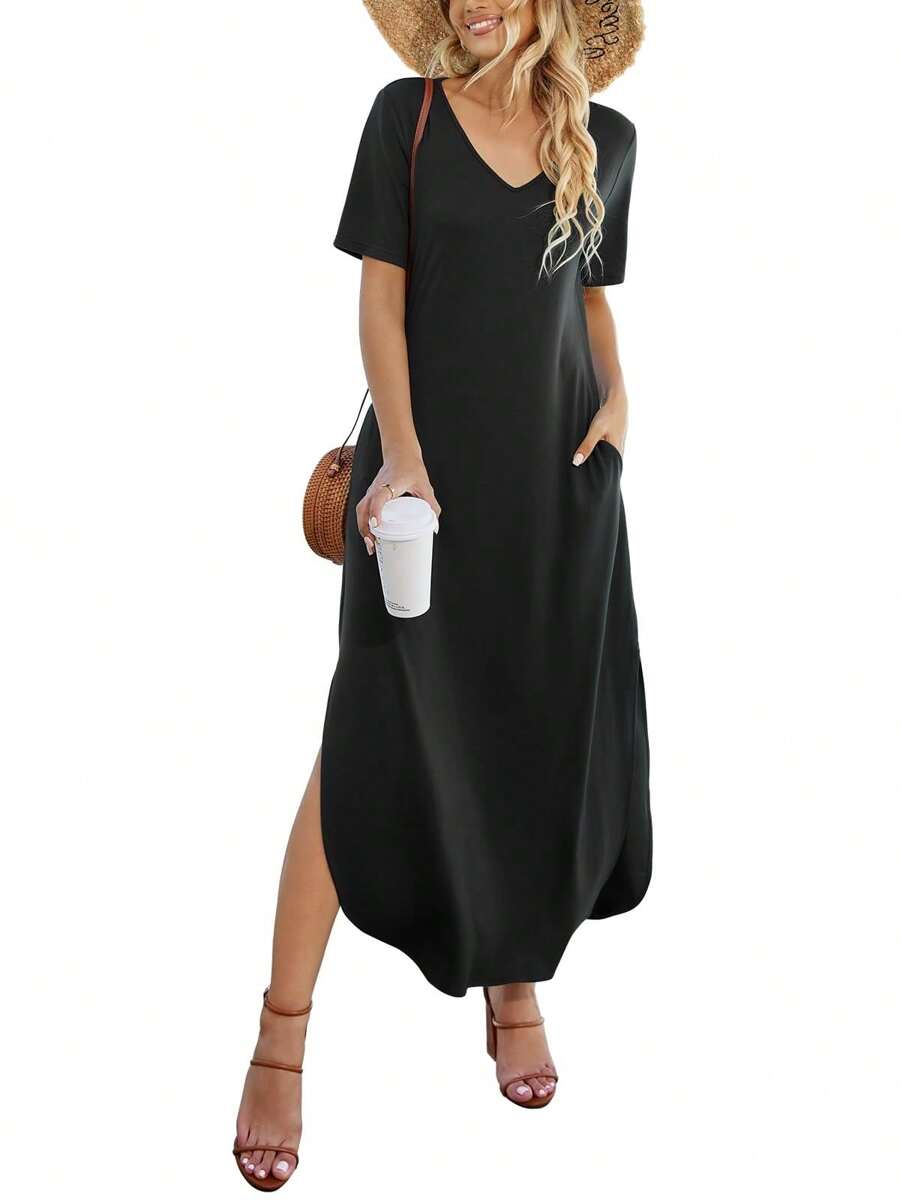 Women's Casual Loose Sundress Short Sleeve V Neck Long Dress Split Maxi Summer Beach Dress With Pockets - màu đen - Xem 1
