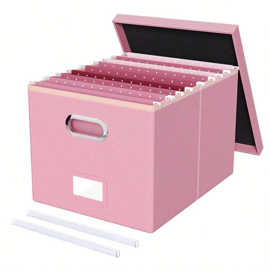 Caja organizadora de archivos, caja de archivos con tapa, caja de archivos para carpetas de archivo tamaño carta/legal, caja de archivos colgantes portátil para oficina/decoración/hogar, 1 paquete, solo caja negra - Rosa (cuero) - Ver 1