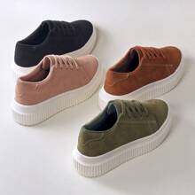 Women's Casual Suede Flat Sneakers High Platform Low Top Soft And Comfortable - 駝色 - 查看 3