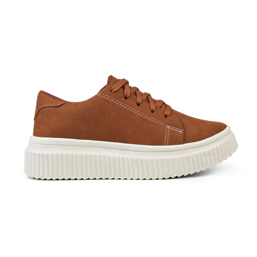 Women's Casual Suede Flat Sneakers High Platform Low Top Soft And Comfortable - 駝色 - 查看 1