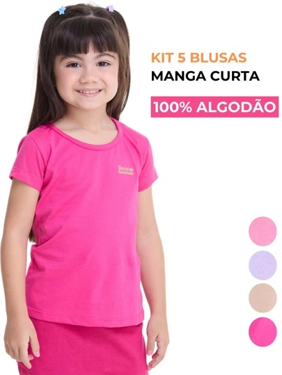 Kit 5 Blusa Manga Curta Infantil Menina 100% Algodão Lisa Basica
