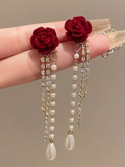 1 对精致时尚的玫瑰长款人造珍珠流苏耳环，是送给女孩生日、圣诞节和周年纪念日的完美礼物 - 随机