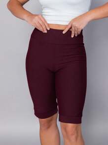 Women's Denim Shorts Bermuda Imita Jeans With Pockets High Waist Cotton - 酒紅色 - 查看 2