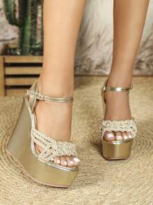 Women's Platform Woven High-Heel Sandals - Gold - View 4