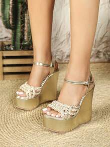 Women's Platform Woven High-Heel Sandals - Gold - View 2