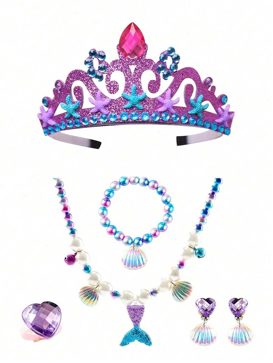 Set de 6 piezas de collar, pulsera y aretes con cuentas de princesa, que incluye colgante de corona de sirena, colorido, adecuado para disfraces de fiesta, juegos de roles, regalo de cumpleaños - Multicolor - Ver 1