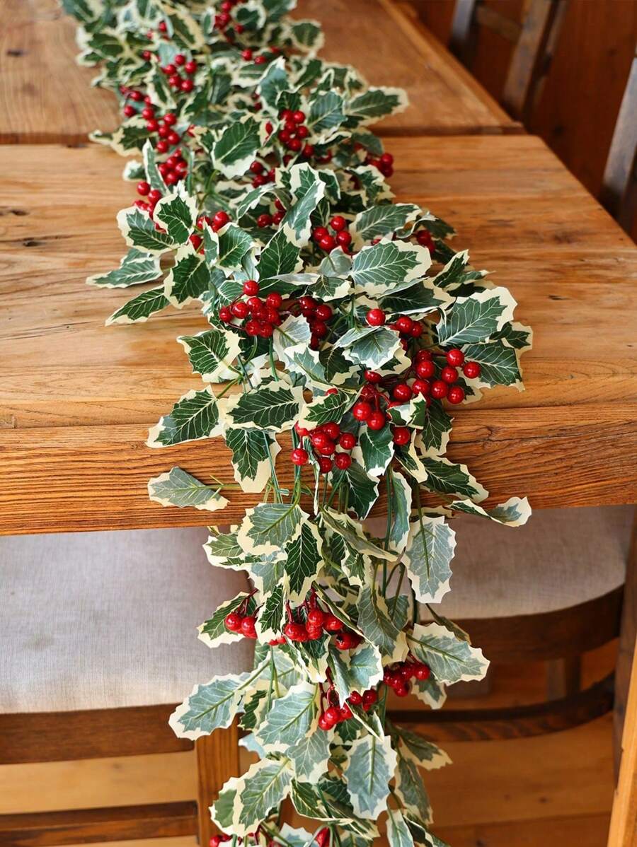 1 件人造植物藤蔓，带红色浆果和花环，用于圣诞节装饰，适合室内/室外壁炉、冬季节日家居装饰
