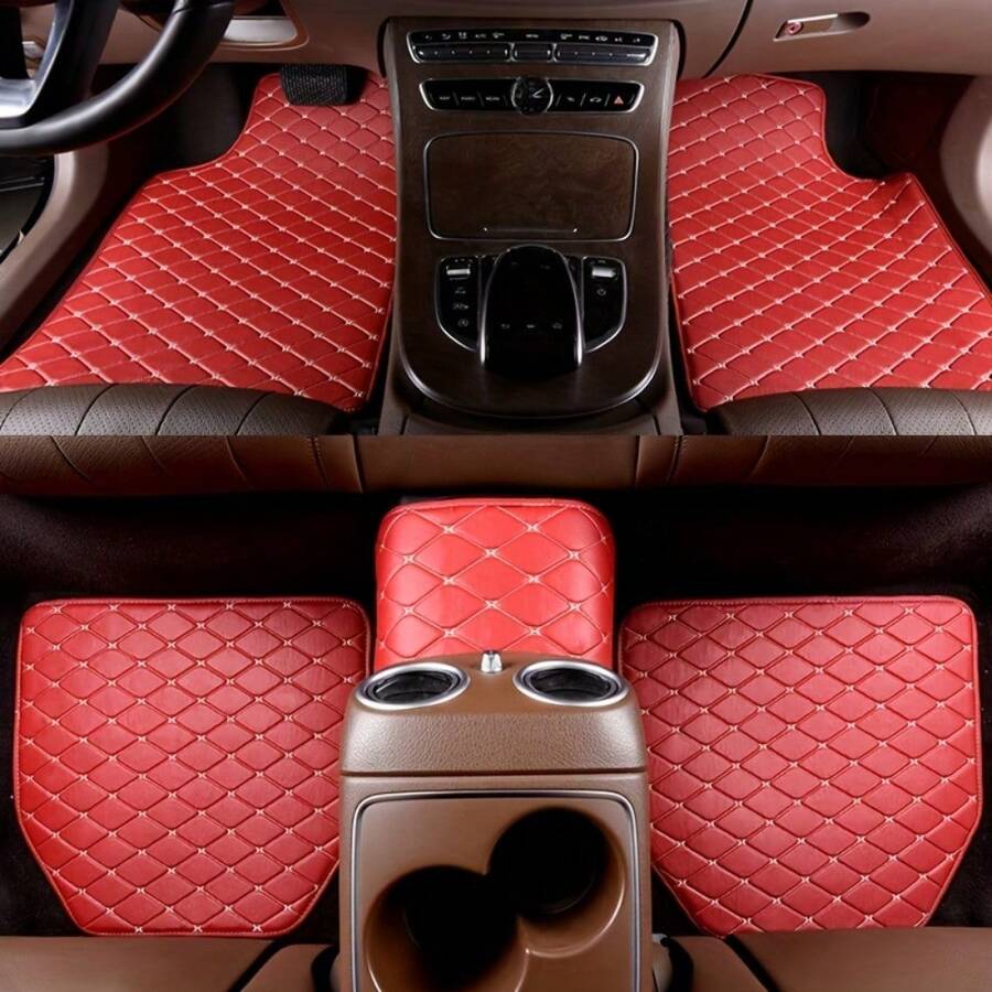 5-Piece Set Universal Fit Waterproof PU Leather Car Floor Mats For Front & Rear With Full Coverage Auto Carpet Accessories For Interior Protection - 紅色-5pcs - 查看 1