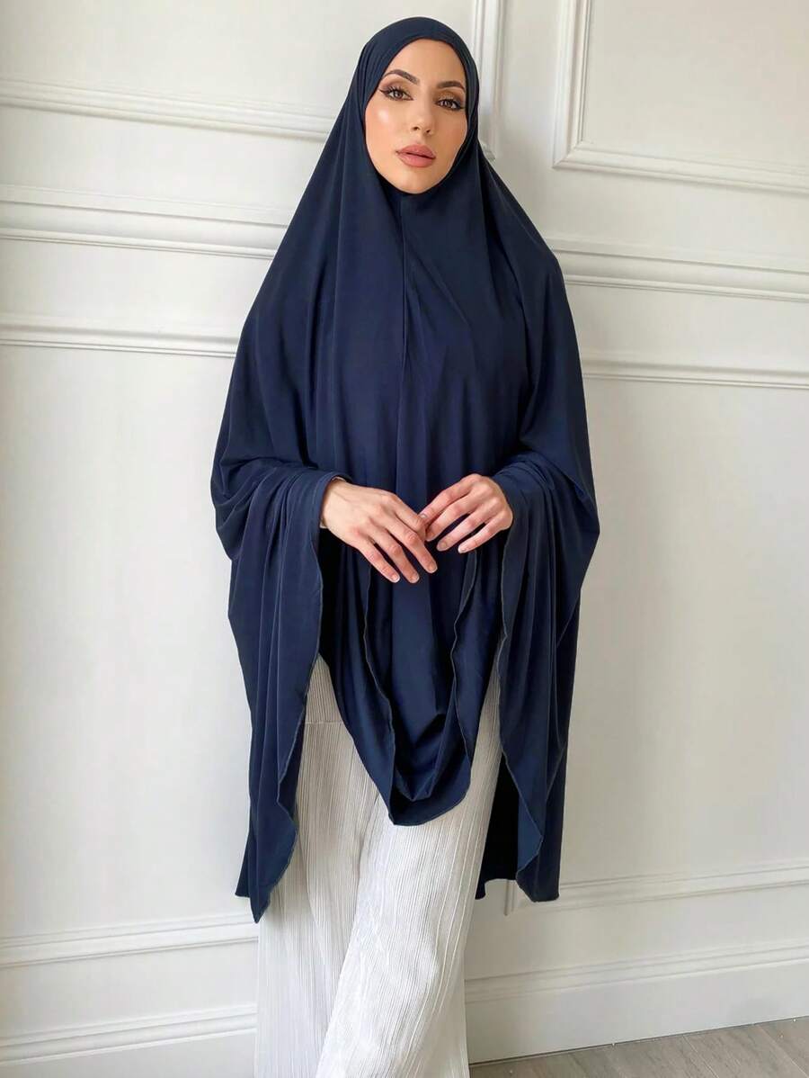 1 件女式超大无袖纯色休闲头巾,带下巴遮盖,Al-Amira,Khimar,设计,适合日常佩戴头带 Abaya 配饰女式面纱 - 藏藍色 - 查看 1