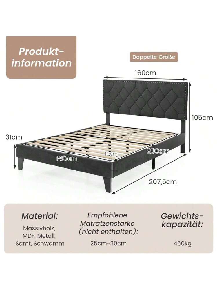 Struttura Letto Queen Size Con Testiera Grigio Scuro - Piattaforma A Doghe In Legno, Antiscricchiolio, Senza Molle