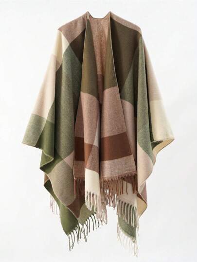 1pc Women's Simple Striped Color Block Plaid Patchwork Poncho Shawl Jacket, Casual Outdoor Travel Warm Fringe Scarf Wrap, Suitable For Autumn/Winter Daily Wear