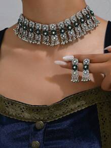 1 Set de Collar de declaración de flor 3D de estilo vintage inspirado en Oriente Medio con strass y pendientes a juego con colgantes de strass para mujeres