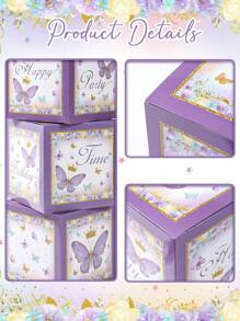 3pcs/Set 27cm Purple Butterfly Style Birthday Party Background Decorative Box, Butterfly Theme Happy Birthday Party Room Wall Background Decoration Supplies, Birthday Babe Shower Balloon Storage Box