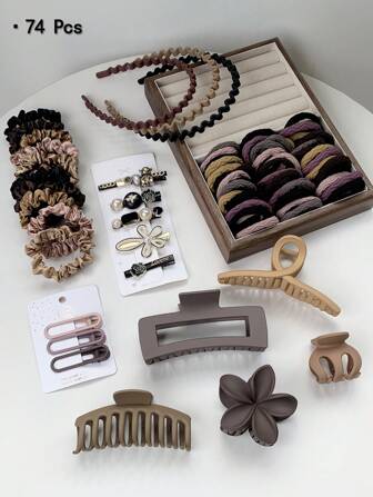 5件-74件树叶图案纯色ABS树脂发夹、发箍、弹力发带、发夹组合套装，适合所有季节和性别，学校用品，礼物
