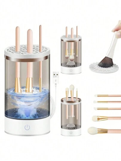 三合一自动化妆刷清洁器和收纳架 - 适合化妆爱好者清洁产品（侧面轻微划痕为正常机械加工痕迹）