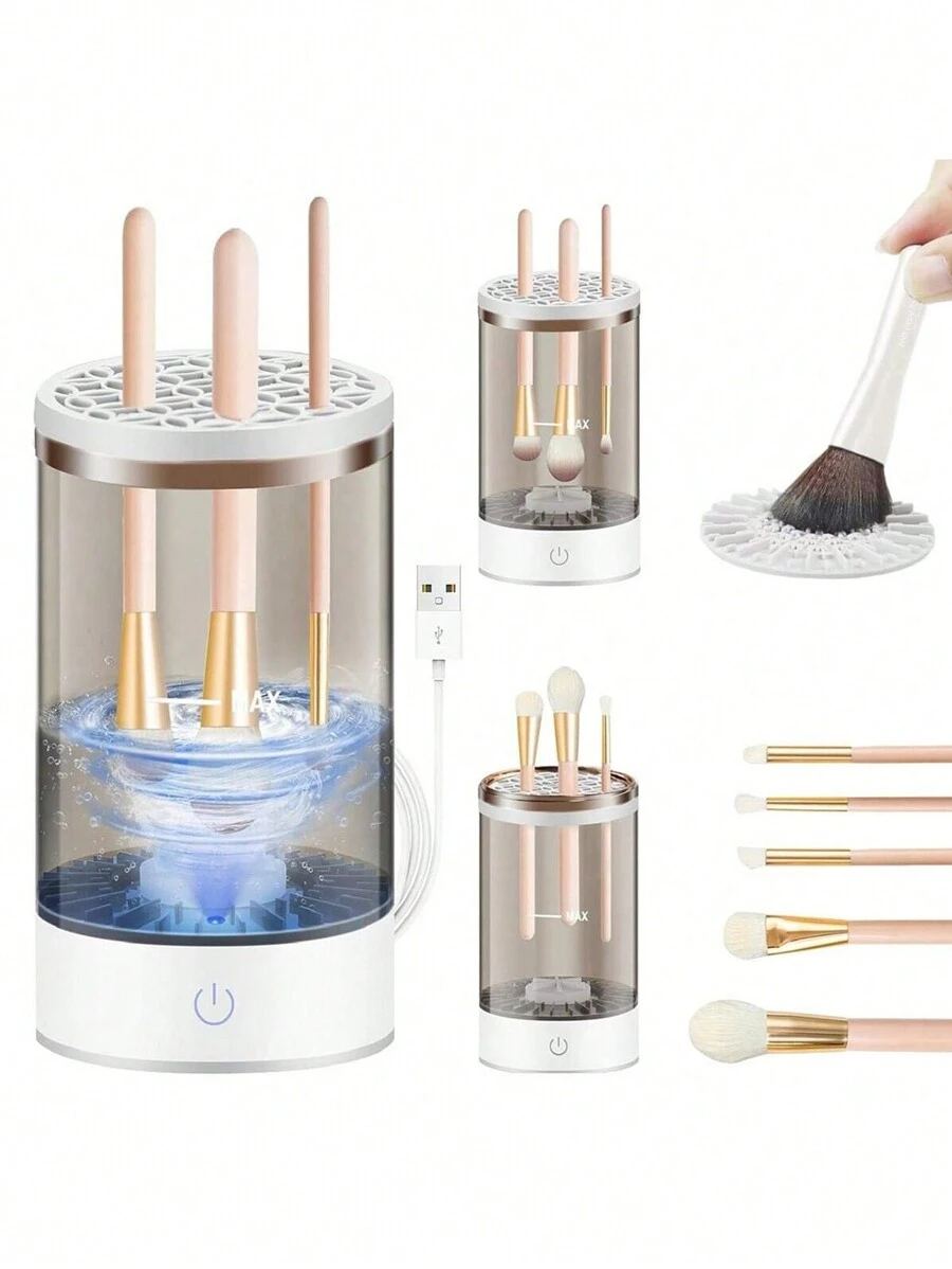 Limpiador y soporte automático de brochas de maquillaje 3 en 1 - Adecuado para que las mujeres con maquillaje limpien sus productos (Los pequeños arañazos en el lateral son marcas normales del procesamiento mecánico)