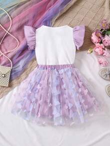 THOMAS STEVEN 2pcs Girl Summer Purple Butterfly Pattern Color Block Short Sleeve T-Shirt And Mesh Skirt Set - Purple - View 2