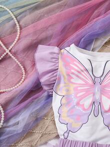 THOMAS STEVEN 2pcs Girl Summer Purple Butterfly Pattern Color Block Short Sleeve T-Shirt And Mesh Skirt Set - Purple - View 4