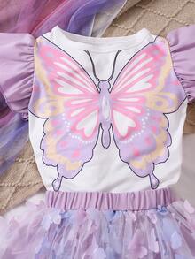 THOMAS STEVEN 2pcs Girl Summer Purple Butterfly Pattern Color Block Short Sleeve T-Shirt And Mesh Skirt Set - Purple - View 5