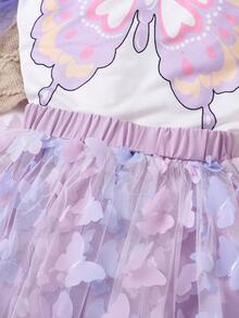 THOMAS STEVEN 2pcs Girl Summer Purple Butterfly Pattern Color Block Short Sleeve T-Shirt And Mesh Skirt Set - Purple - View 6