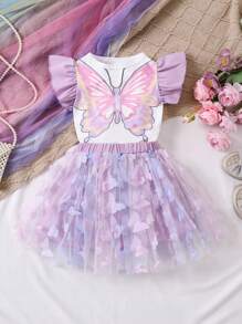 THOMAS STEVEN 2pcs Girl Summer Purple Butterfly Pattern Color Block Short Sleeve T-Shirt And Mesh Skirt Set - Purple - View 1