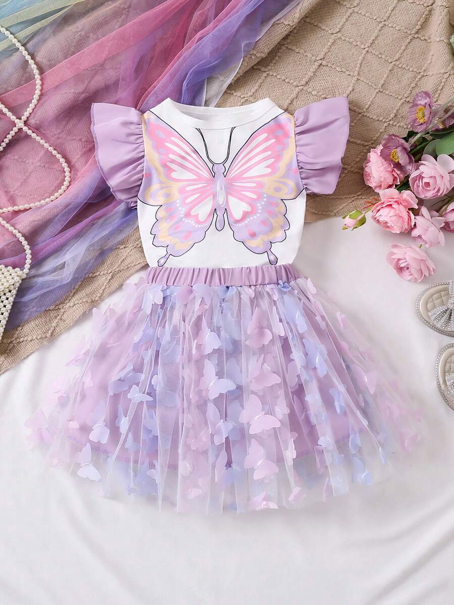 THOMAS STEVEN 2pcs Girl Summer Purple Butterfly Pattern Color Block Short Sleeve T-Shirt And Mesh Skirt Set - Purple - View 1