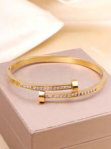 1 pieza Brazalete de mujer de acero inoxidable con doble círculo de cristales de moda y personalizado, accesorio diario - Amarillo Oro - Ver 3