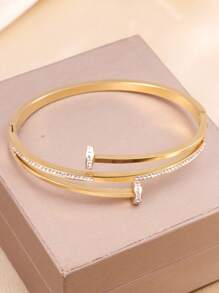 1 pieza Brazalete de mujer de acero inoxidable con doble círculo de cristales de moda y personalizado, accesorio diario - Amarillo Oro - Ver 2