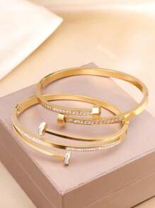 1 pieza Brazalete de mujer de acero inoxidable con doble círculo de cristales de moda y personalizado, accesorio diario - Amarillo Oro - Ver 4