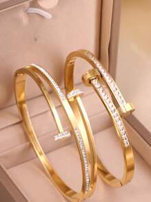 1 pieza Brazalete de mujer de acero inoxidable con doble círculo de cristales de moda y personalizado, accesorio diario - Amarillo Oro - Ver 1