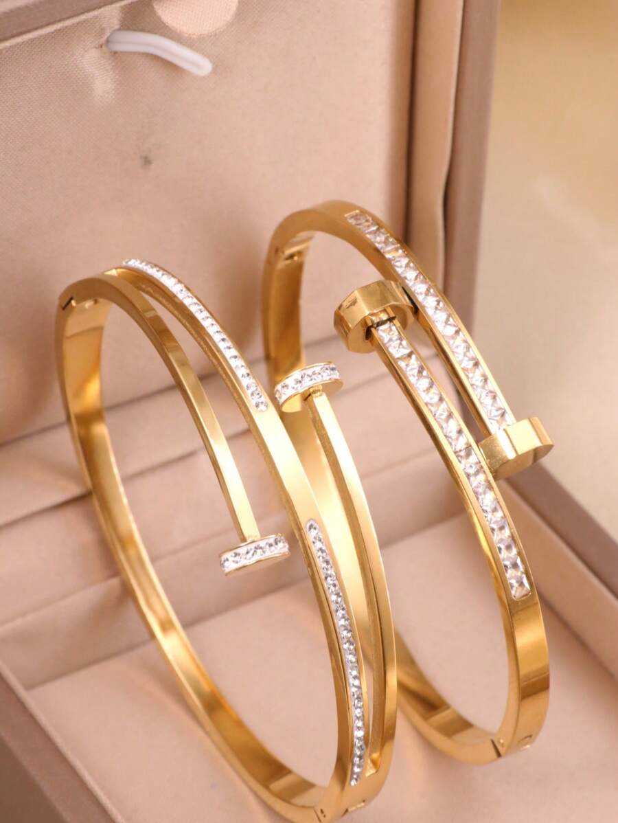 1 pieza Brazalete de mujer de acero inoxidable con doble círculo de cristales de moda y personalizado, accesorio diario - Amarillo Oro - Ver 1