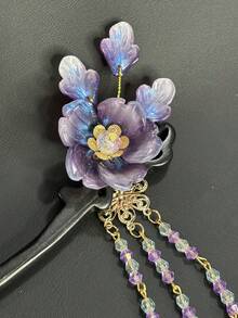 女士优雅串珠流苏花发簪，中式发髻夹发夹，适合旗袍和汉服 - 淡紫色 - 查看 4