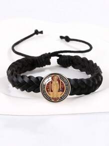 1pc Saint Benedict Medal Leather Bracelet, Adjustable Woven Rope Bracelet For Men - Bracelet - View 7
